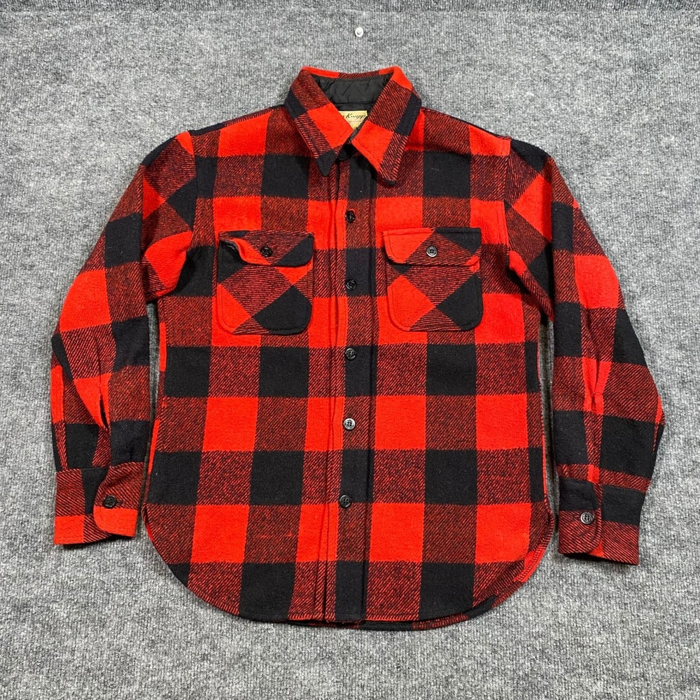 Vintage Fox Knapp Red Black Buffalo Plaid Wool Shirt Jacket Mens S Made in USA